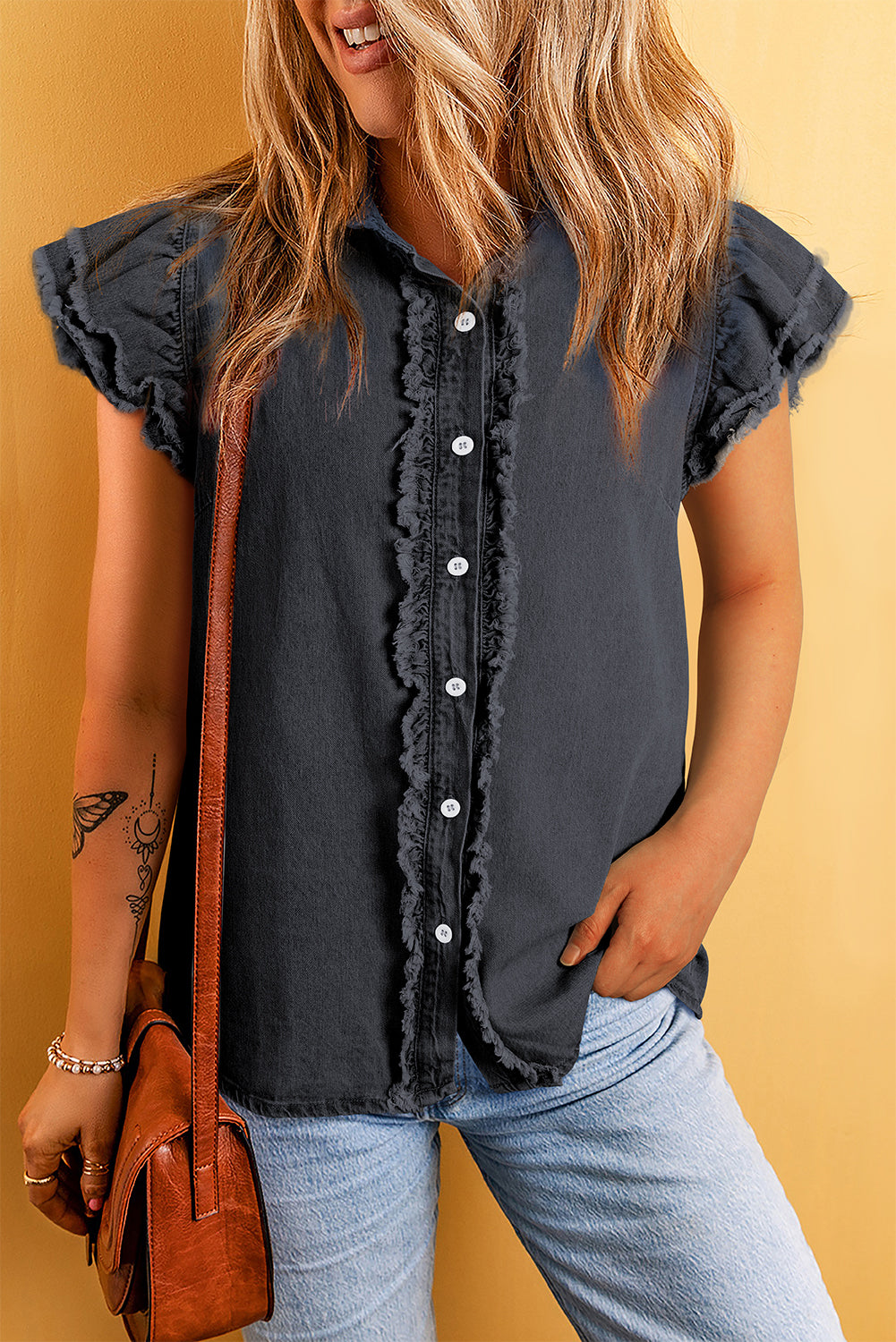 Black Button Front Ruffled Flutter Frayed Denim Top