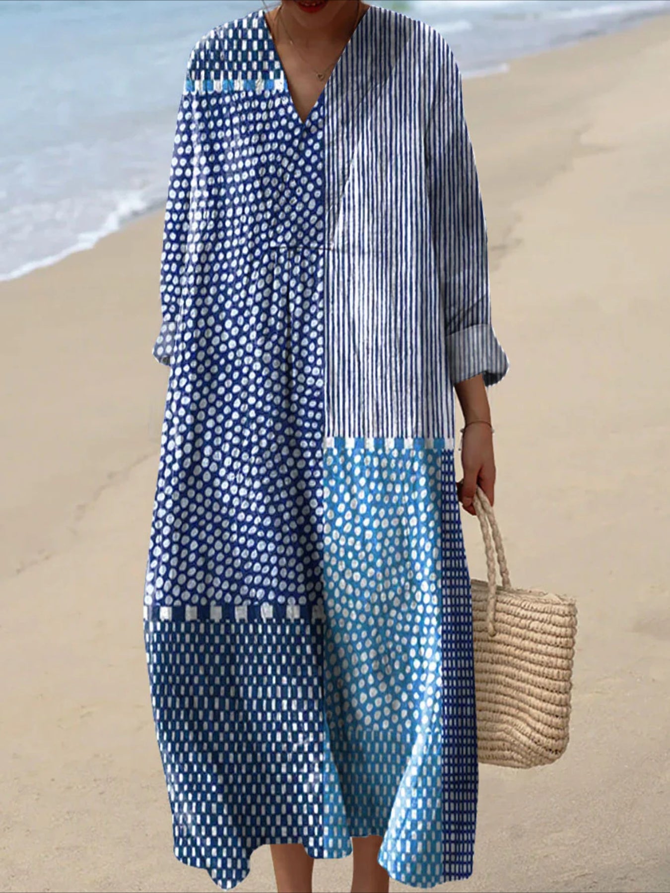 Graphic Geometric Stripe Long Sleeve V Neck Crew Neck Pullover Midi Dress