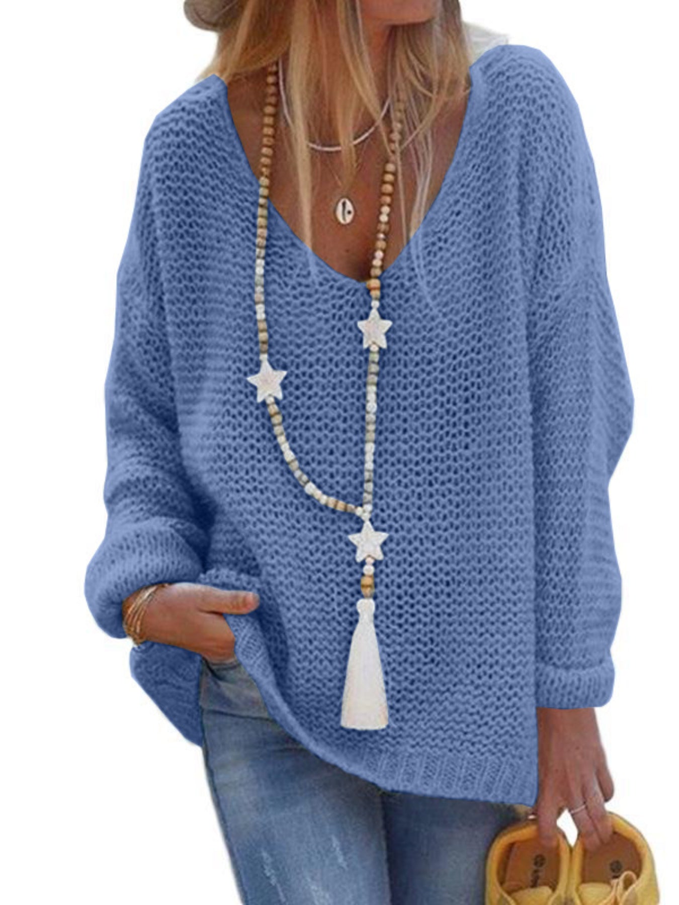 Solid V Neck Knitted Pullover Sweater, Casual Long Sleeve Sweater