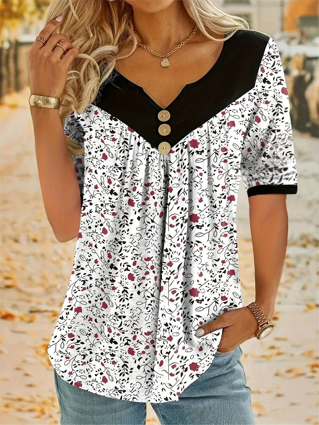 V Neck Floral Print Short Sleeve Top - Comfortable Medium Stretch Polyester Casual Wear for All Seasons - Button Front, Knit Fabric, Random Printing
