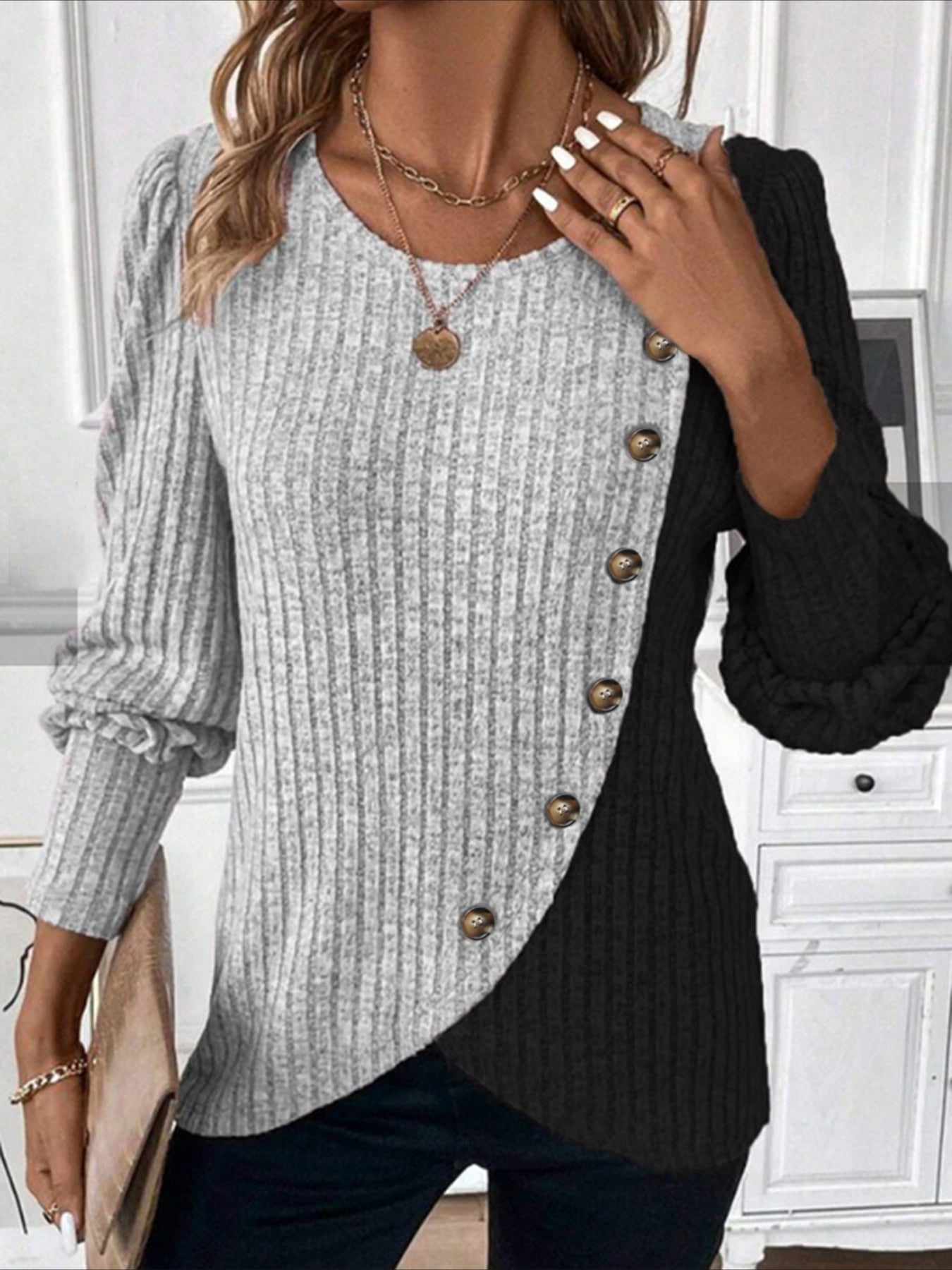 Ribbed Crew Neck T-shirt, Elegant Long Sleeve Buton Decor Top