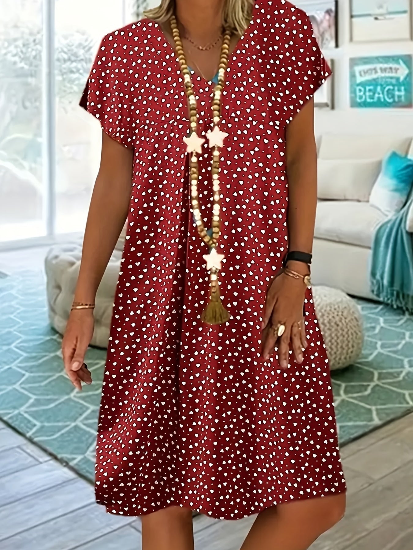 Polka Dot & Heart Print Dress, Casual V Neck Short Sleeve Dress