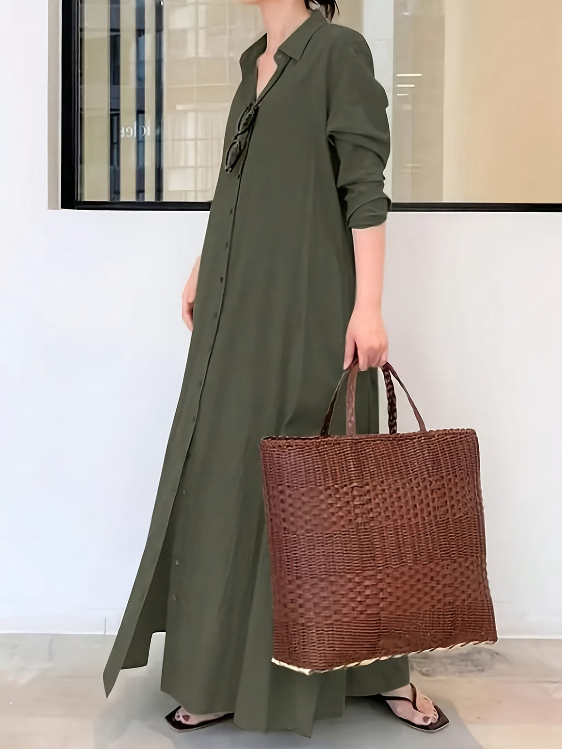 Solid Color Single Breasted Simple Dress, Elegant Long Sleeve Maxi Loose Dress