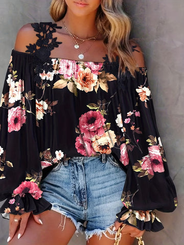 Lace Trim Floral Print Blouse, Casual Pleated Lantern Sleeve Off Shoulder Blouse