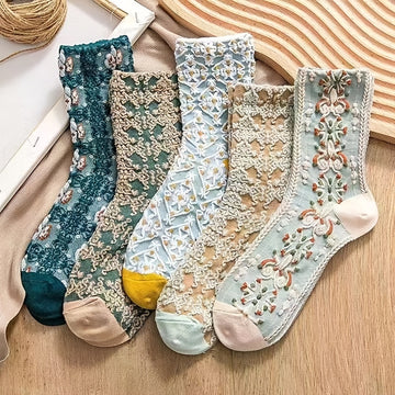2/5 pairs Floral Socks Set, Women Cute Flower Geometric 3D Textured Ankle Cotton Blend Cottagecore Lucky Socks