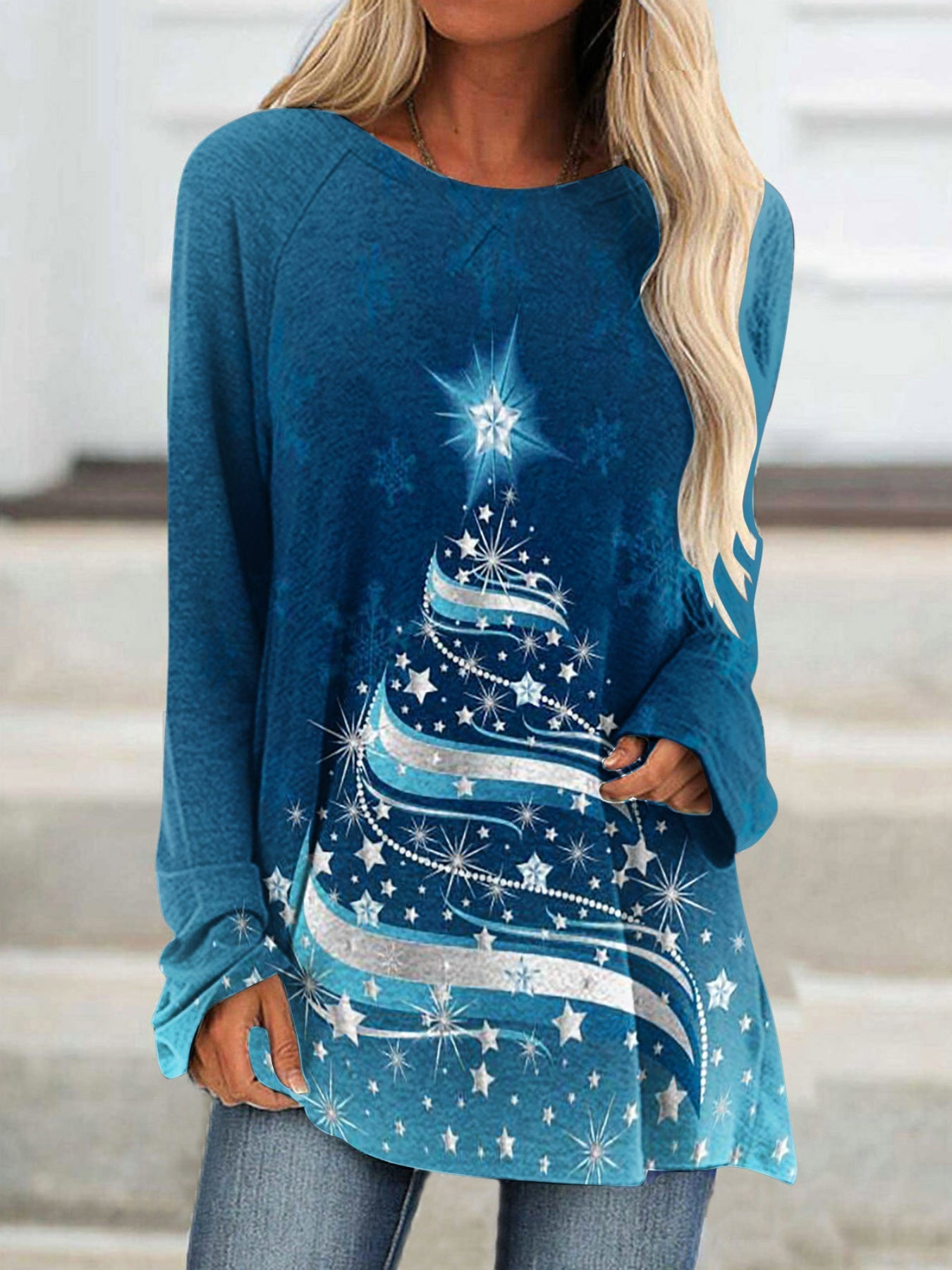 Christmas Casual Top, Women's Tree Print Long Sleeve Round Neck Medium Stretch Tunic Top