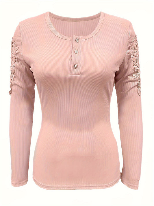 Floral Lace Stitching T-Shirt, Casual Long Sleeve Top