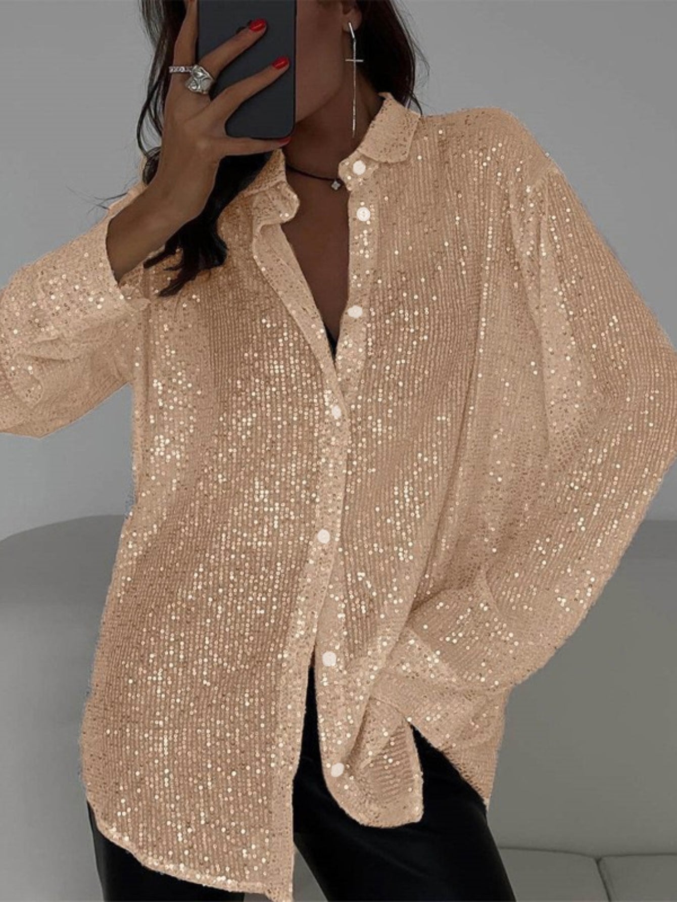 Womens Sequins Long Sleeve Collared Shirt Button Down Open Front Shirt Loose Tops