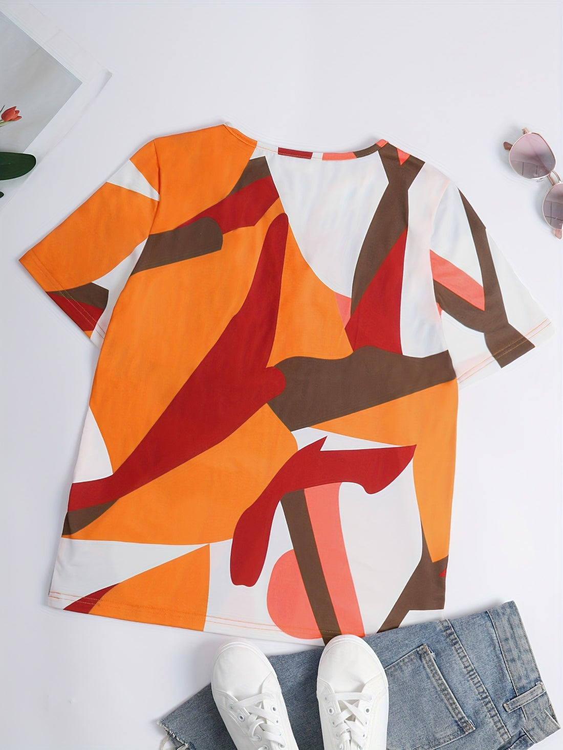 Button Front Vibrant Patchwork Print V-Neck Short Sleeve Casual T-Shirt