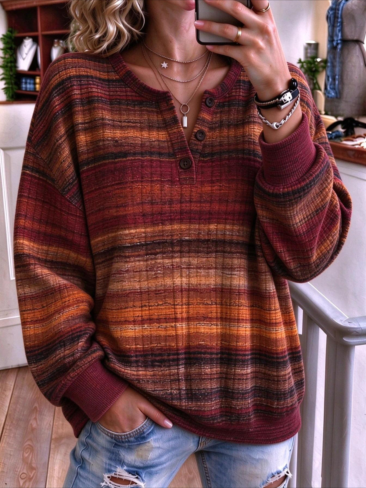 Abstract Regular Fit Casual Henley Collar Sweatshirt