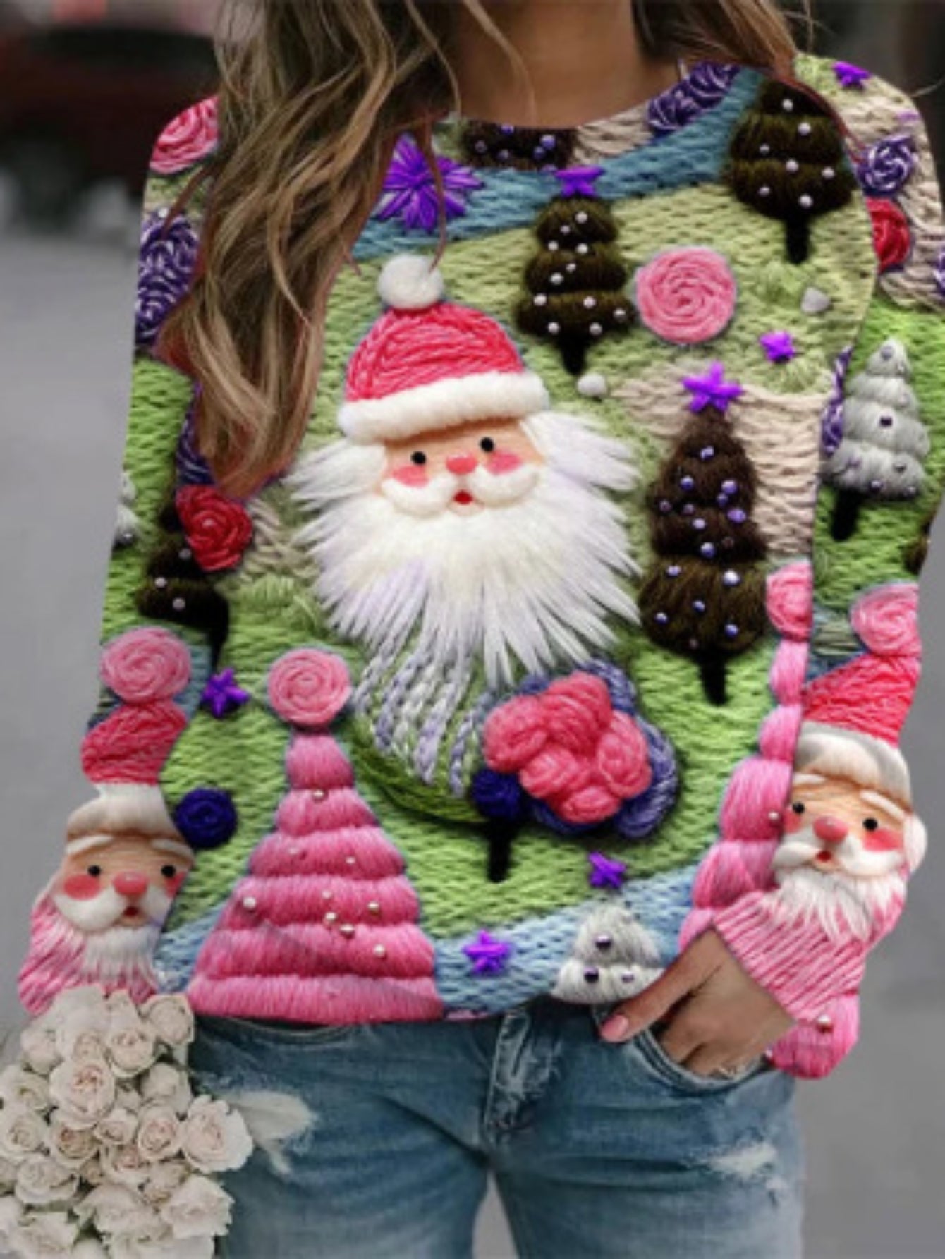 Christmas Allover Print Pullover Sweatshirt, Thin Long Sleeve Crew Neck Sweatshirt