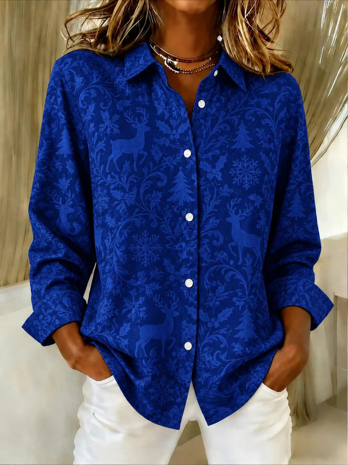 Christmas Patterns Long Sleeve Plain Regular Micro-Elasticity Regular Fit Shirt