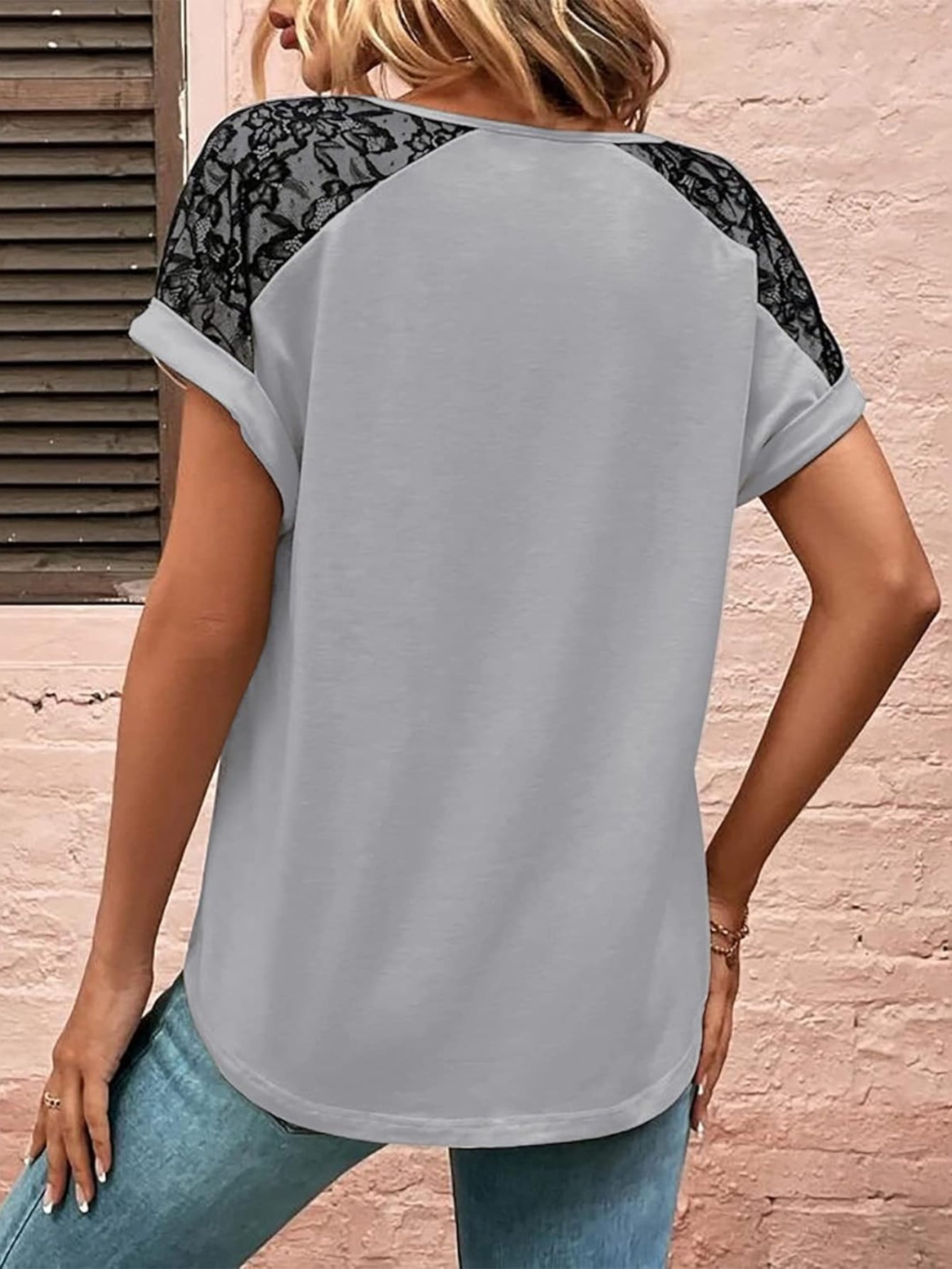 V Neck Lace Sleeve Button Design Loose Fit Soft Simple T-Shirt