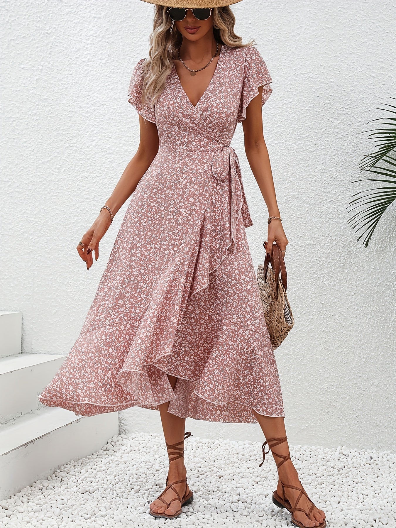 Women's Floral Print Surplice Dress with Flutter Sleeves and Ruffle Hem