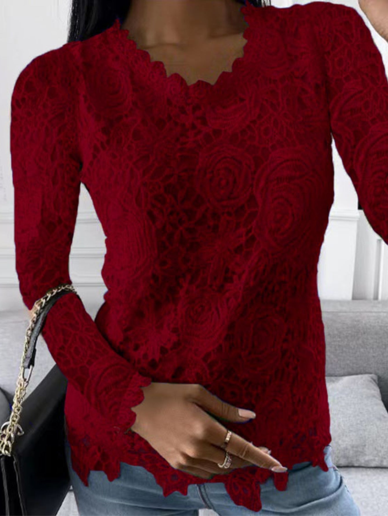 Floral Lace Stitching Crew Neck T-Shirt, Casual Long Sleeve