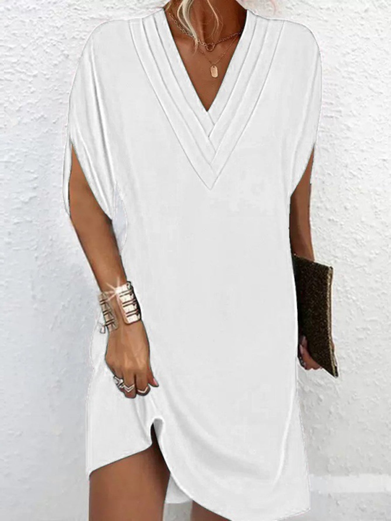 Tucked Solid Dress, Casual V Neck Short Sleeve Dress