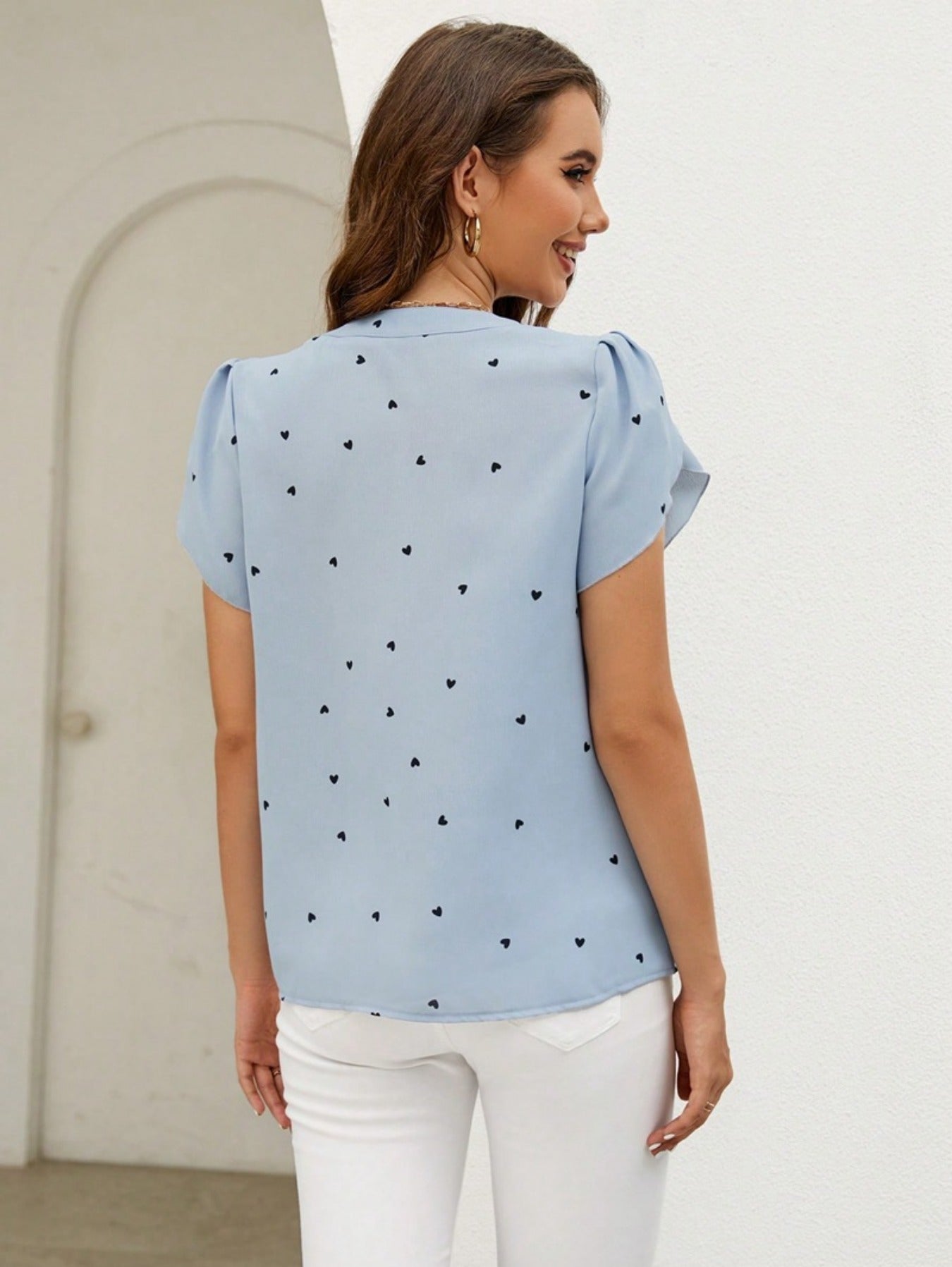 Short Sleeve Shirt With Heart Print And Petal Hem