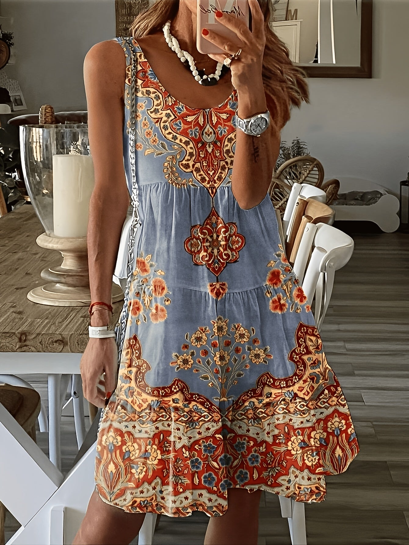 Floral Print Ruched Tank Dress, Vacation Style Sleeveless Crew Neck Dress