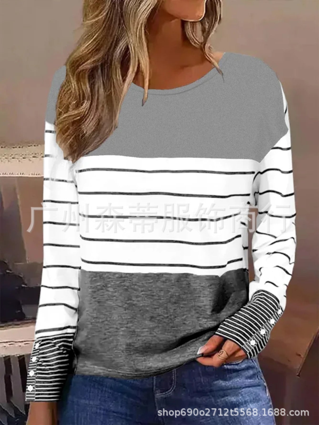 Stripe Print Colorblock Crew Neck T-Shirt, Casual Long Sleeve Top