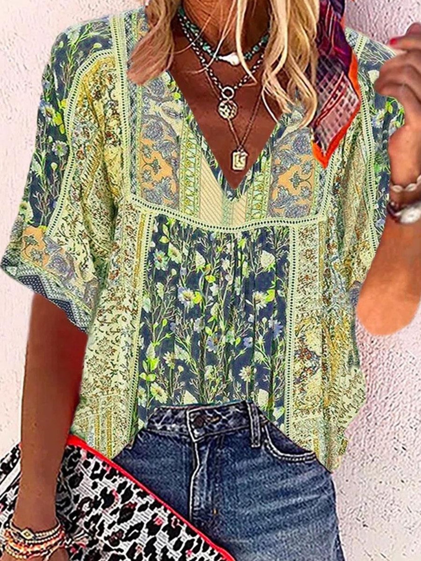 Ethnic Floral Print Blouse, Boho V Neck Half Sleeve Blouse