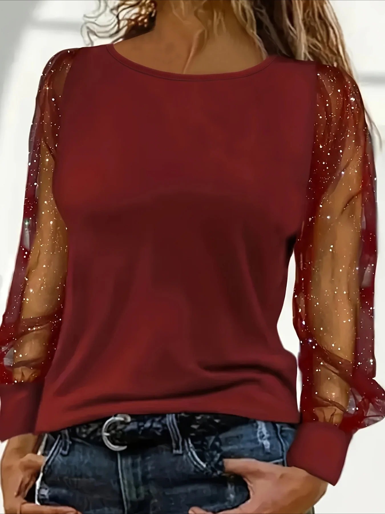 Casual Long Sleeve Sequined Contrast Mesh Top