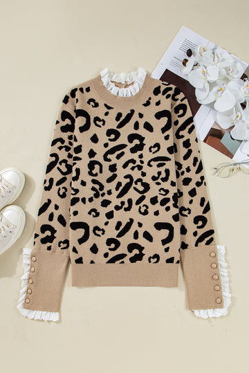 Brown Leopard Pattern Lace Ribbed Detail Button Cuffed Sweater