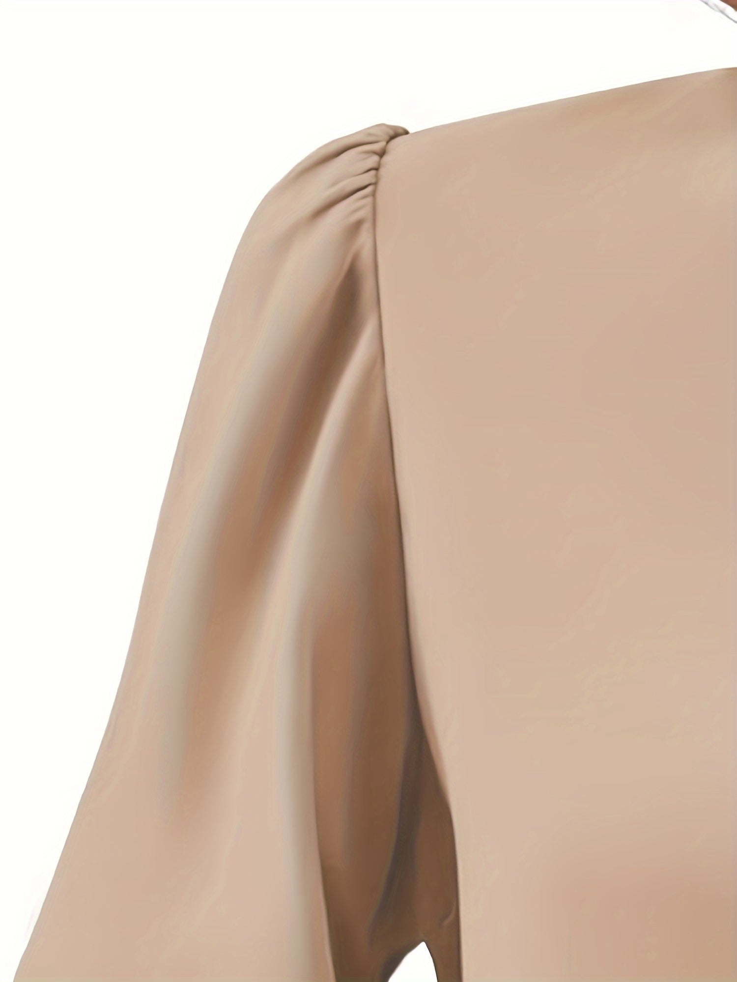 Solid V Neck Simple Blouse, Elegant Long Sleeve Ruched Blouse