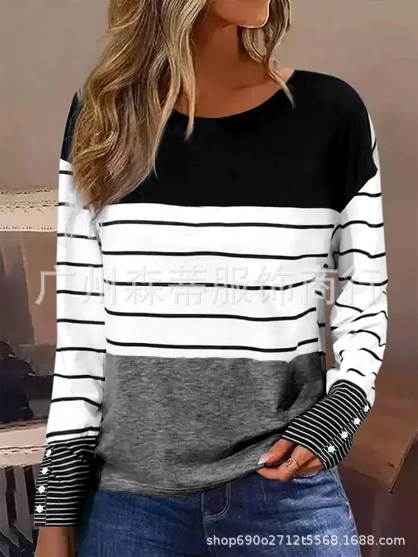 Stripe Print Colorblock Crew Neck T-Shirt, Casual Long Sleeve Top