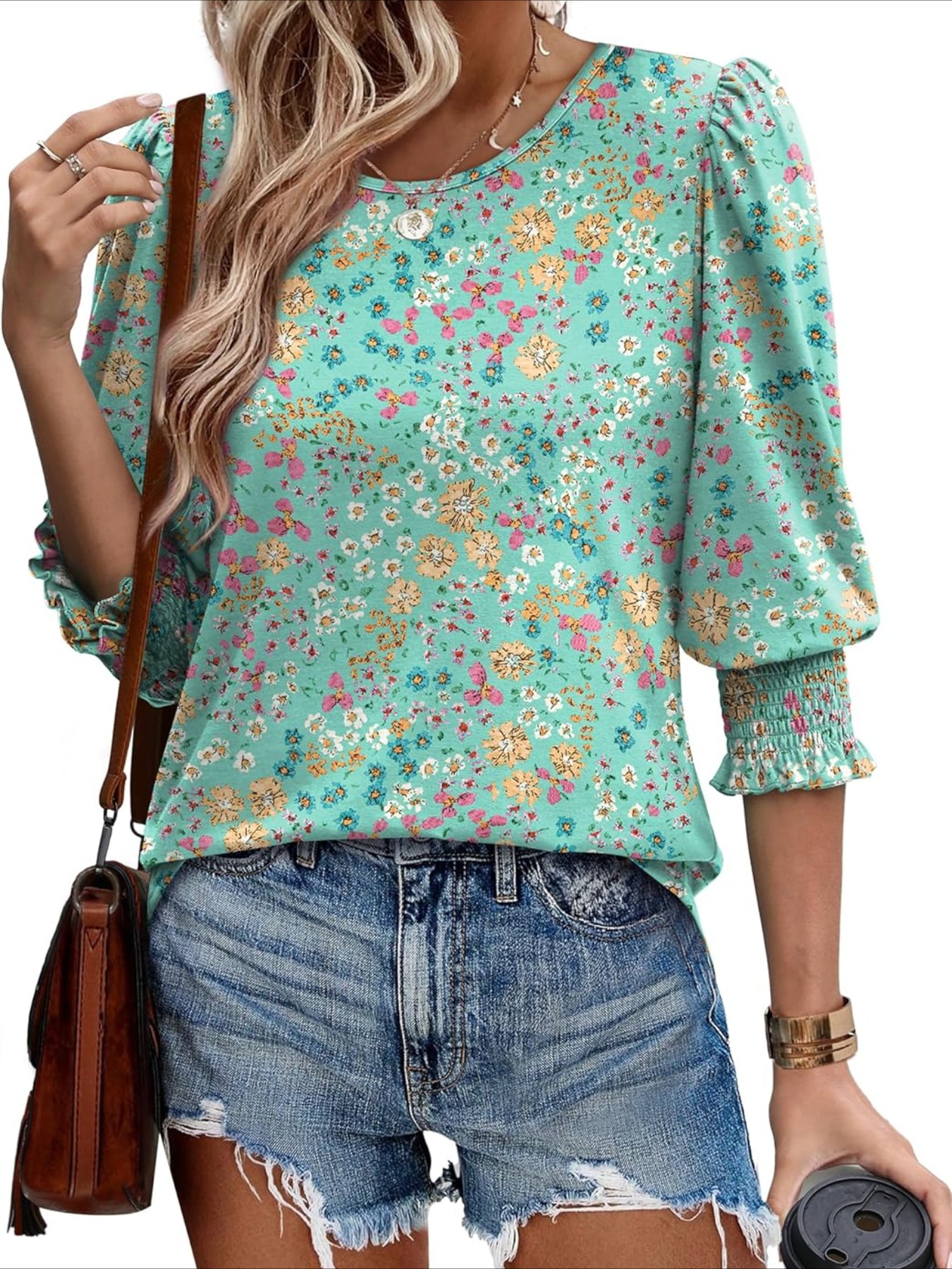 Casual 3/4 Length Sleeve Blouses with Smocked Cuffs