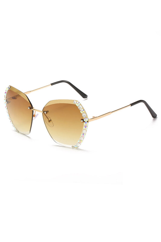 Brown Rhinestone Trim Rimless Sunglasses
