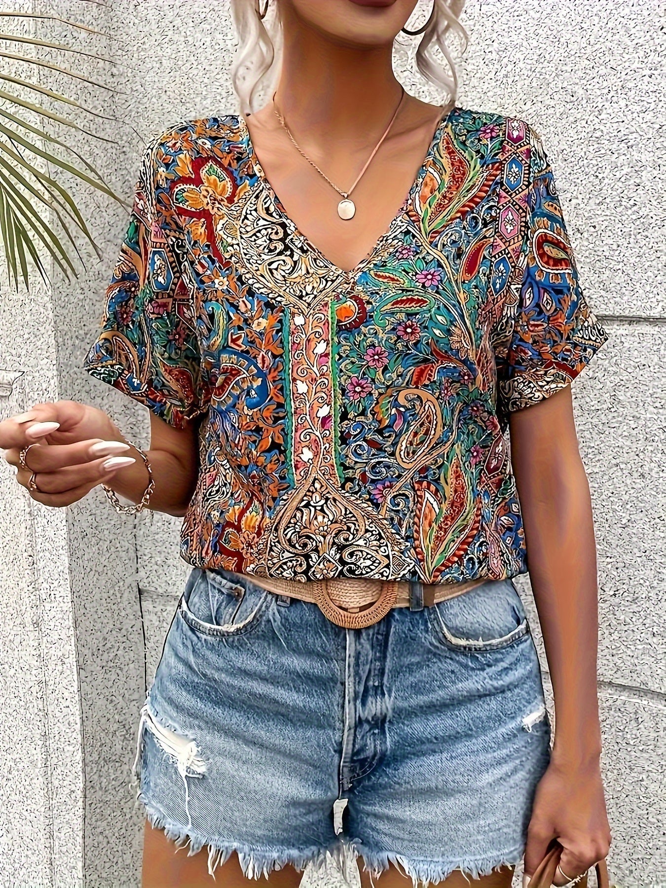 Paisley Print V Neck Blouse, Casual Short Sleeve Blouse