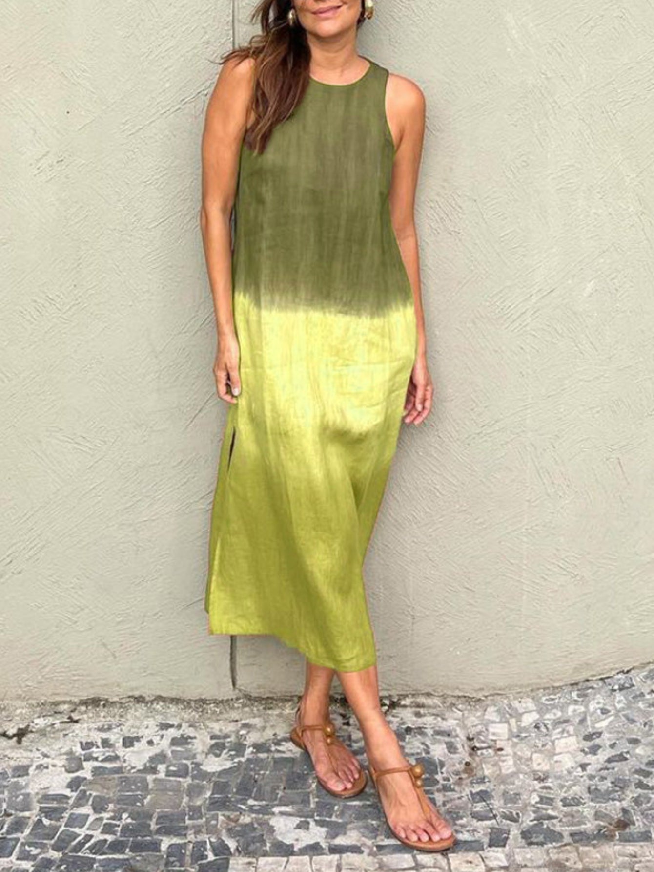 Casual Cotton Linen Sleeveless Side Slit Gradient Color Dress