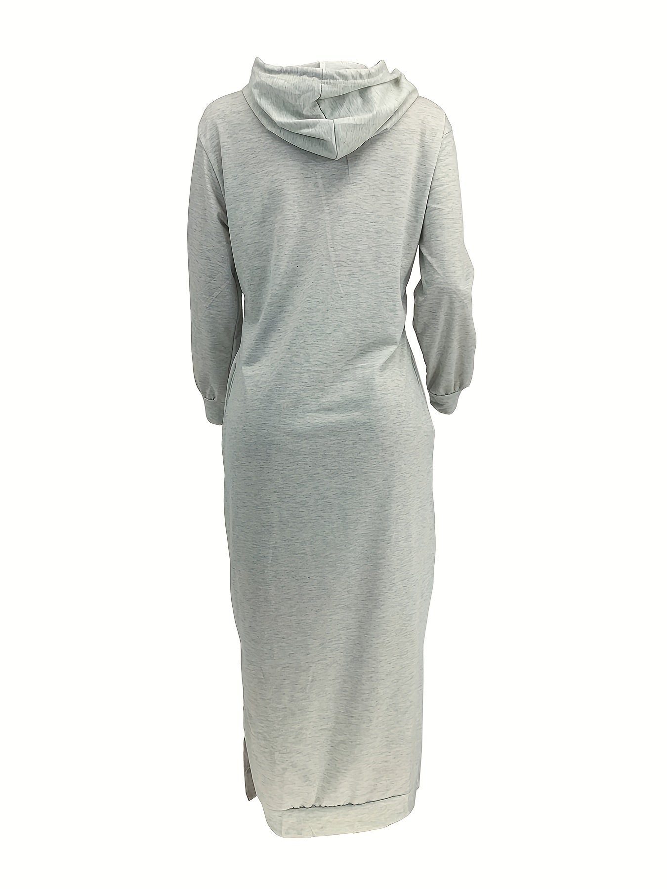 Drawstring Split Dress, Casual Hooded Long Sleeve Maxi Dress