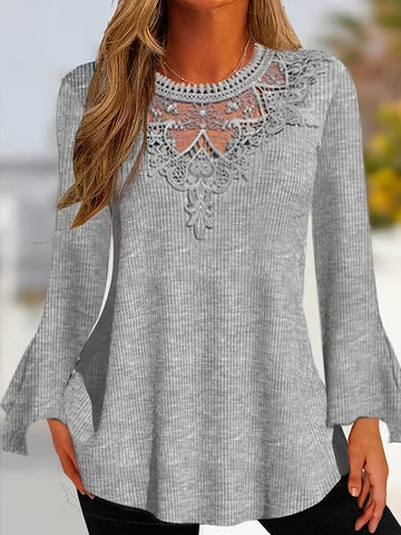 Casual Top, Women's Solid Contrast Lace Bell Sleeve Round Neck Medium Stretch Top