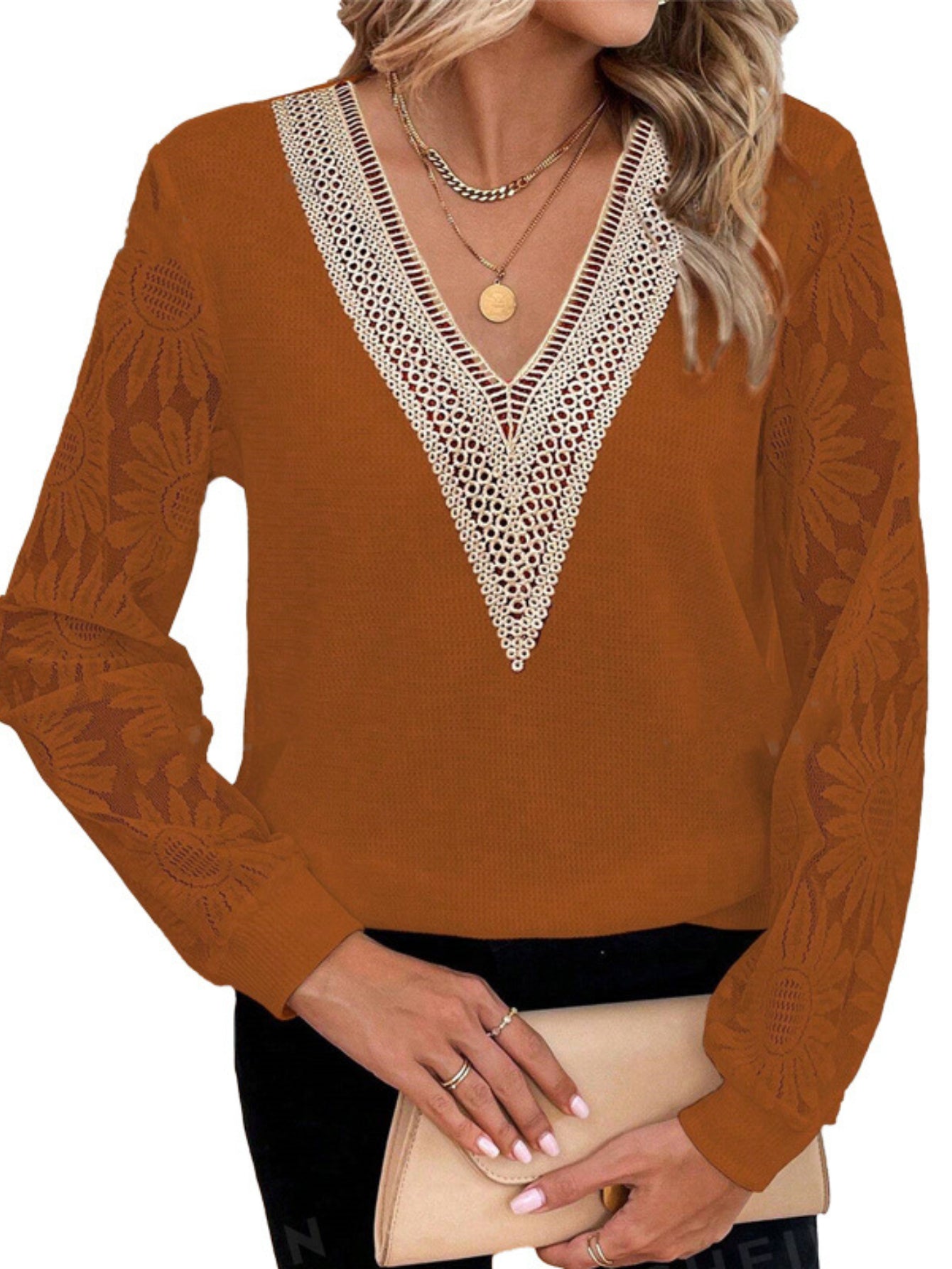 V Neck Long Length Top - Elegant Splicing Loose Fit, Contrast Lace Detail, Long Sleeve