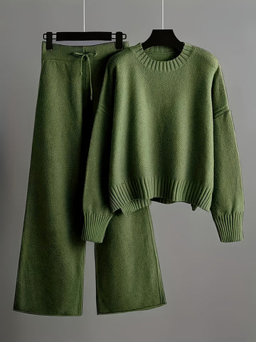Solid Color Round Neck Sweater & Wide-Leg Pants Two-Piece Set