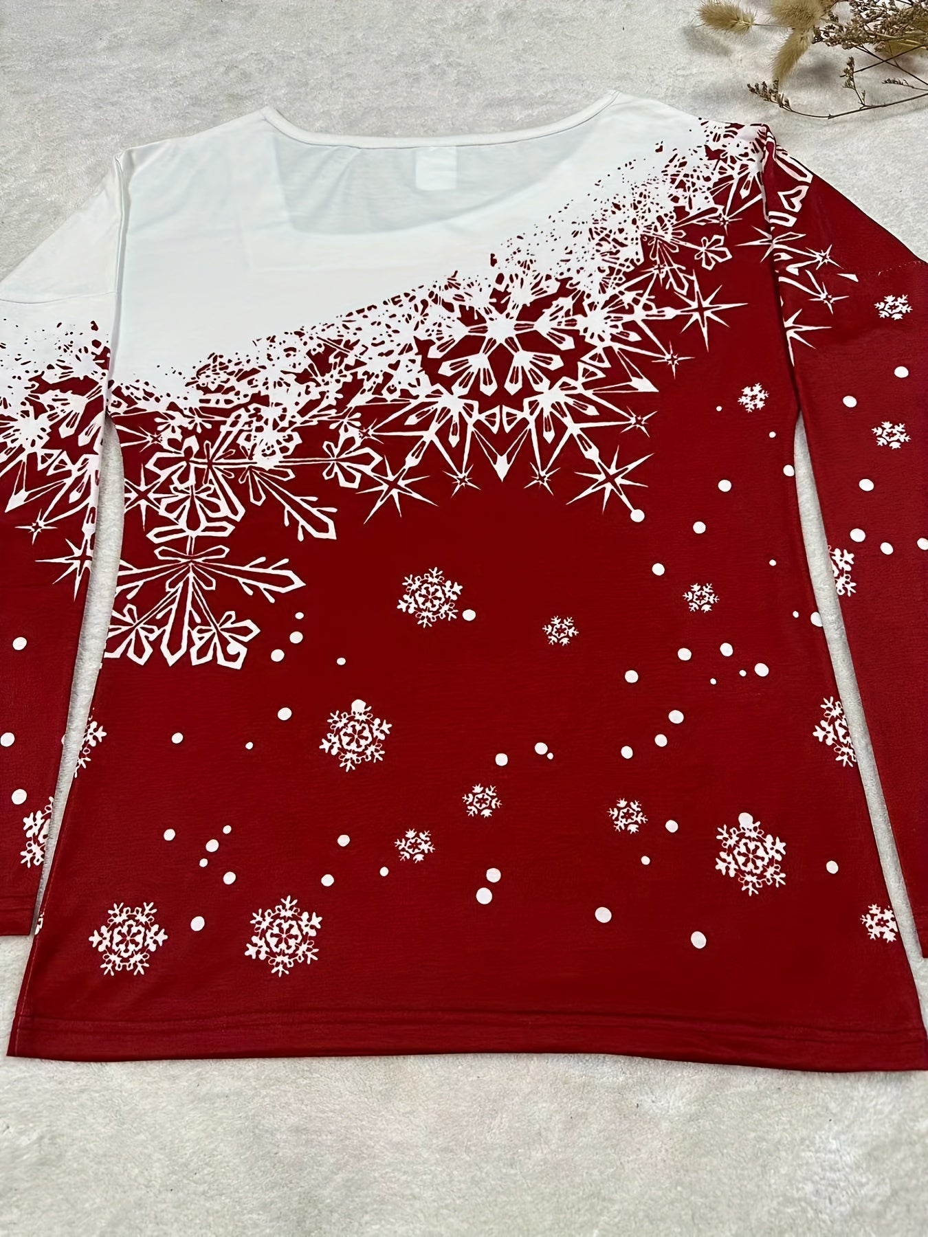 Snowflake Print Slant V Neck T-Shirt, Casual Long Sleeve Top