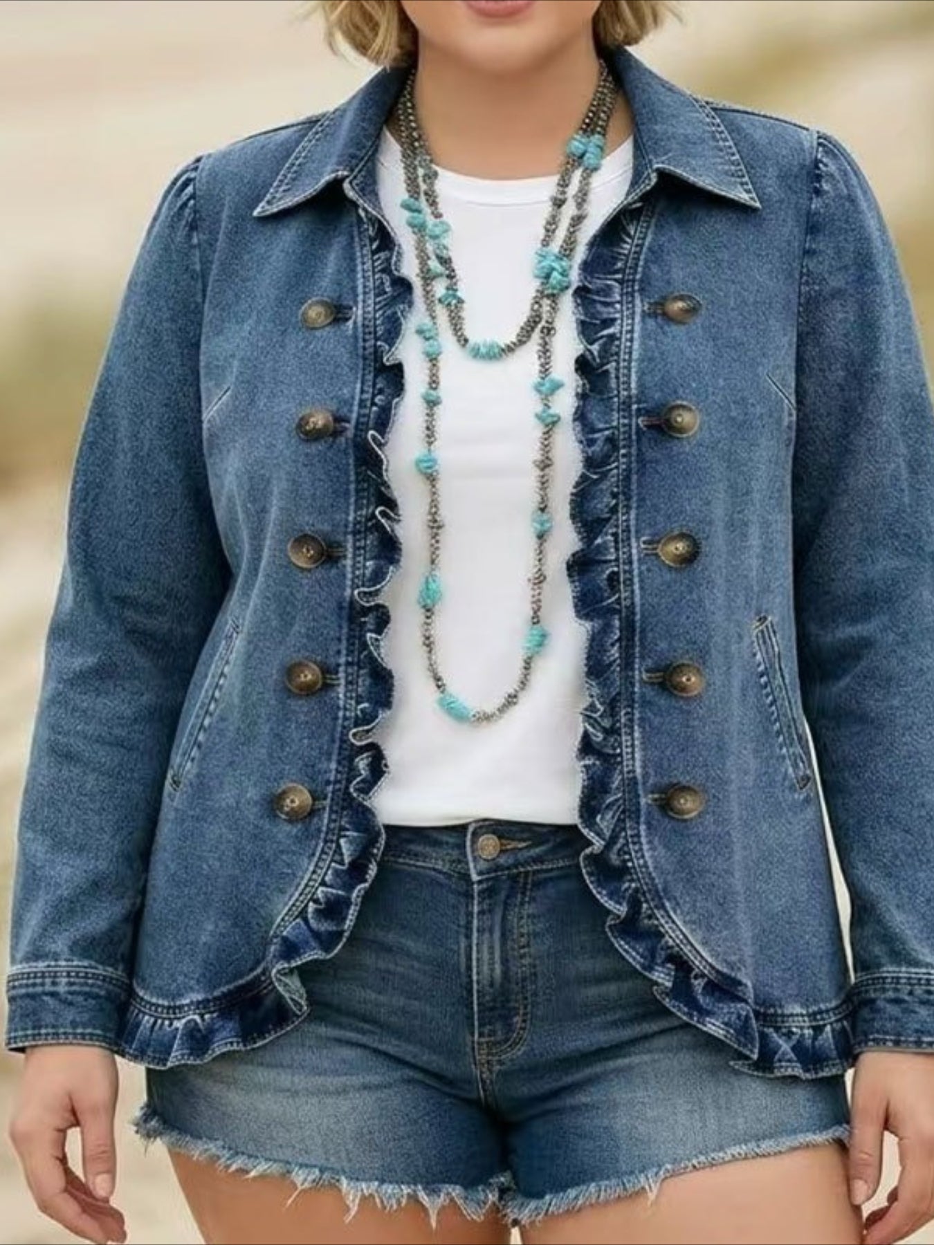 Ruffle Hem Short Lapel Double-breasted Ruffle Edge Jacket