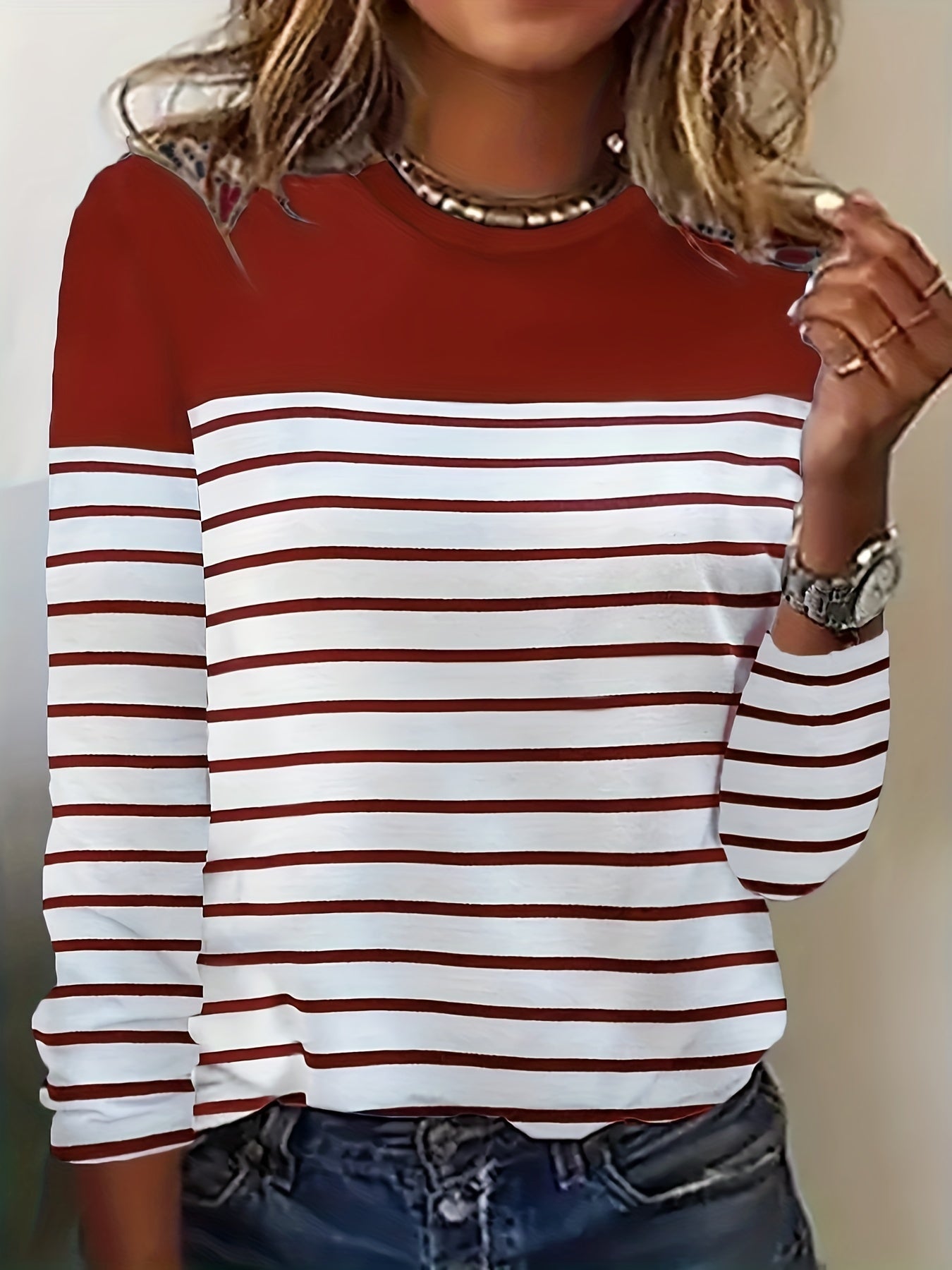 Stripe Print Crew Neck T-Shirt, Casual Long Sleeve Top