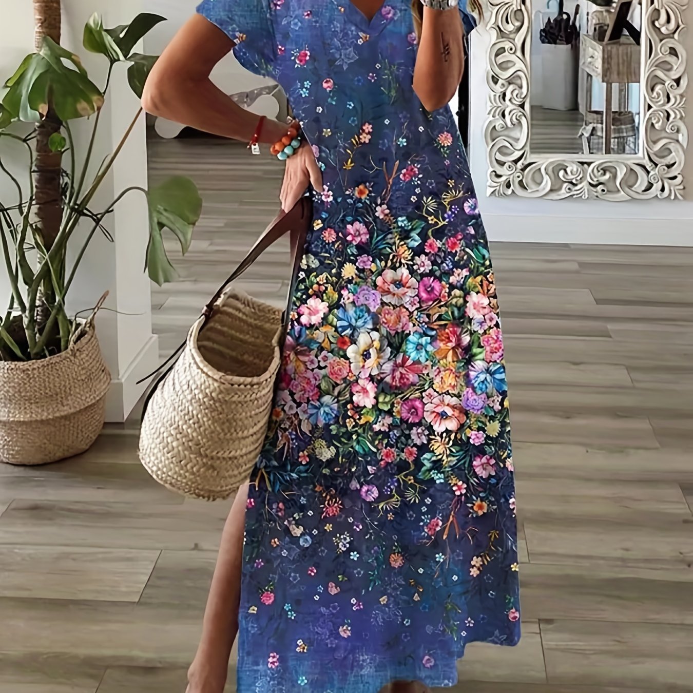 Floral Print Side Split Dress, Casual V Neck Short Sleeve Dress, Women's Clothing