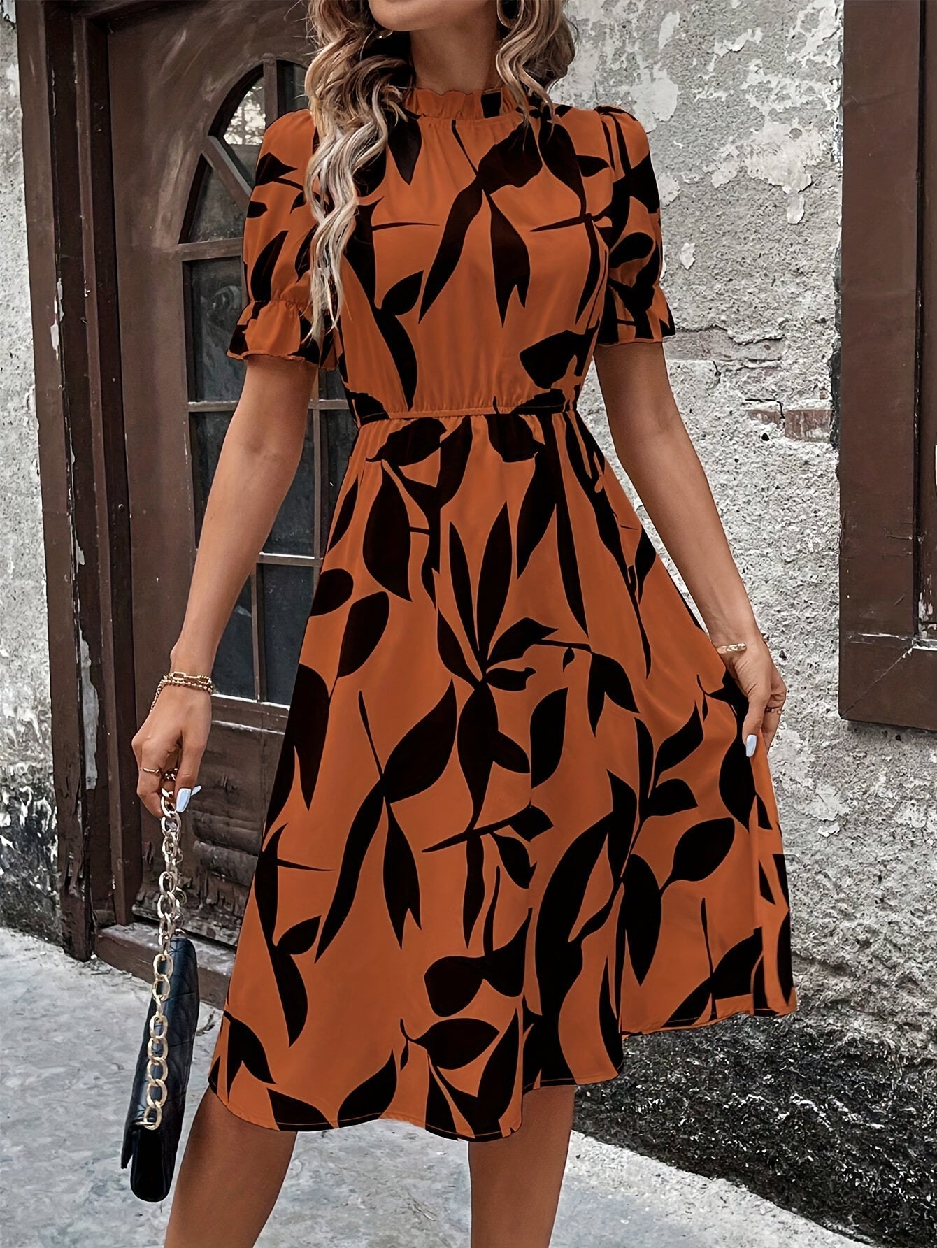 Leaf Print Mock Neck Dress, Elegant Short Sleeve Ruffle Cuff Back Keyhole A-line Dress