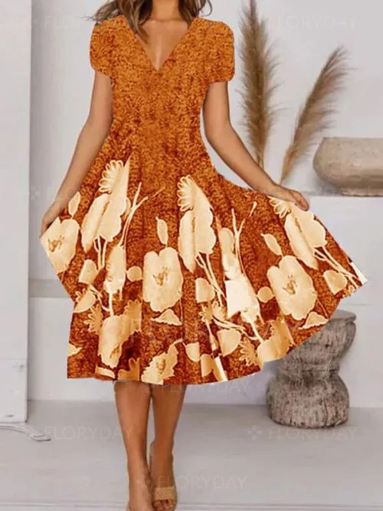 Floral Print Pleated Dress, Vintage Elegant V Neck Short Sleeve Dress