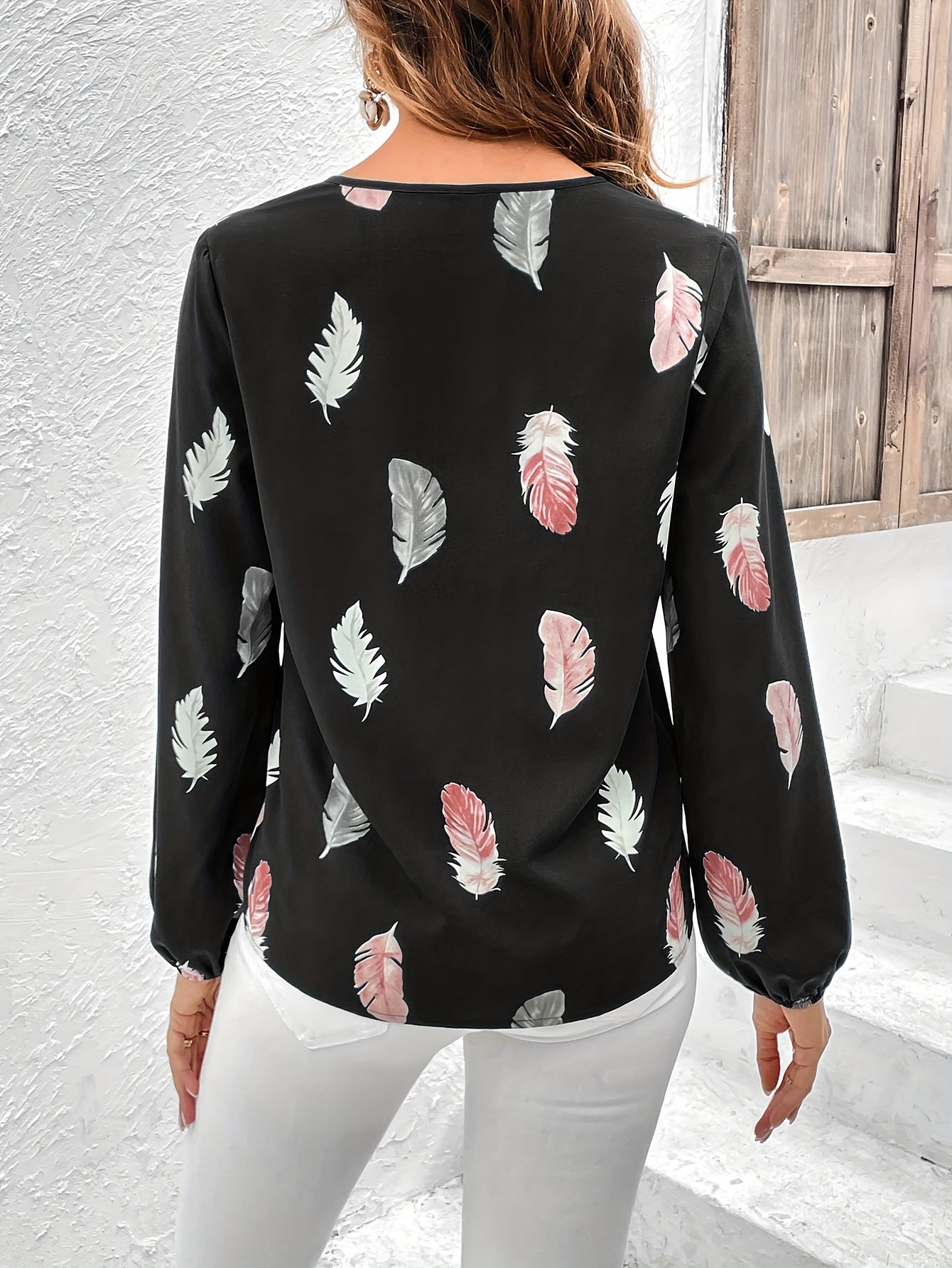 Feather Printed V-neck Loose Shirts, Casual Long Sleeve Fashion Shirts