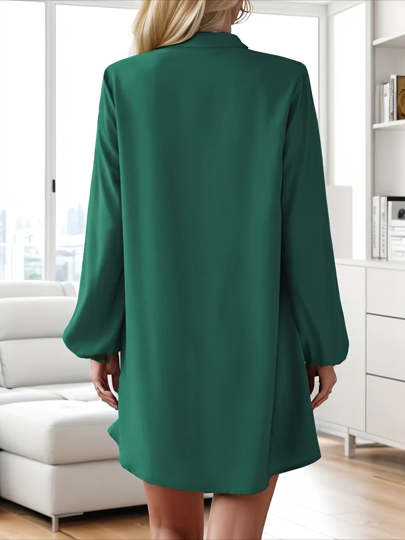 Solid Color V Neck Dress, Casual Long Sleeve Loose Fit Dress