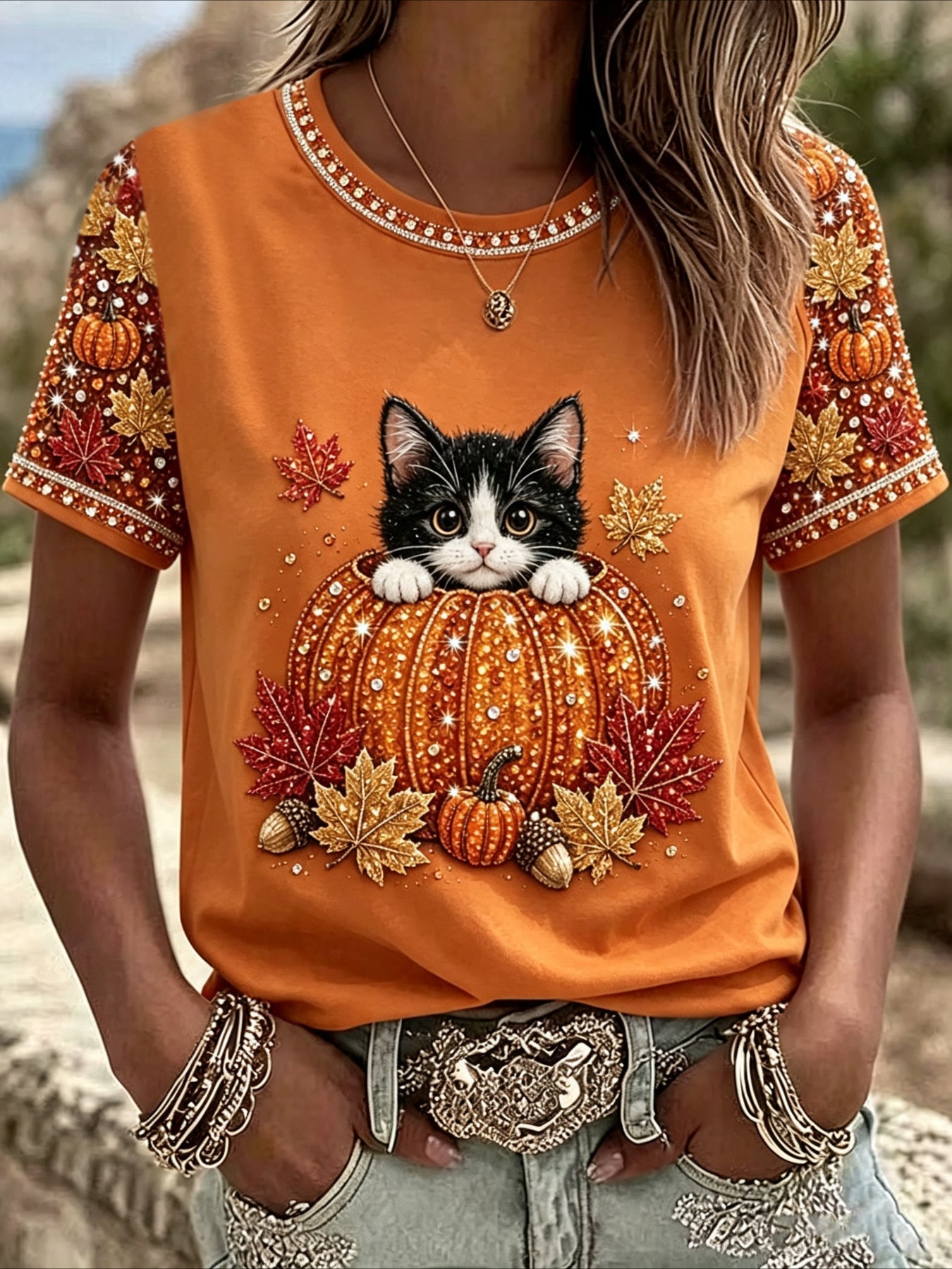 100% Cotton Casual Orange Maple Leaf Printing Crew Neck Short Sleeve T-shirt