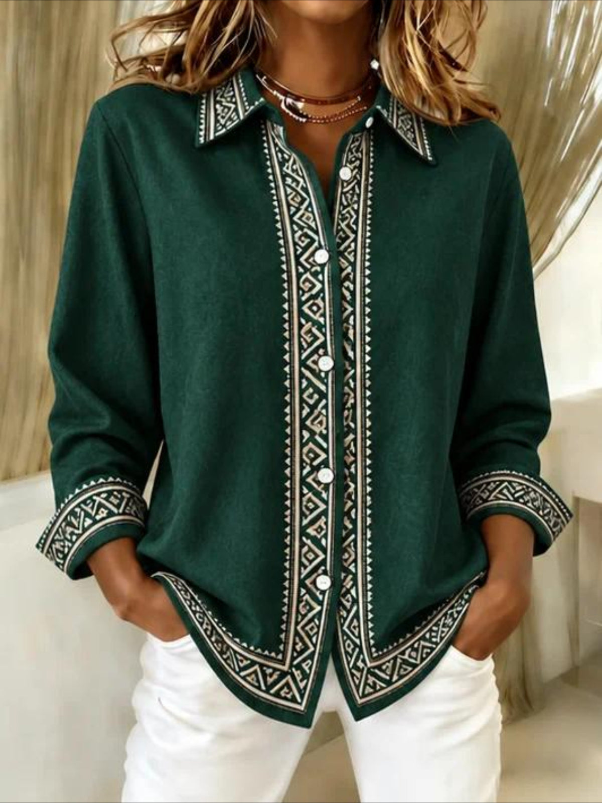 Vintage Geometric Long Sleeve Plain Regular Micro-Elasticity Regular Fit Shirt