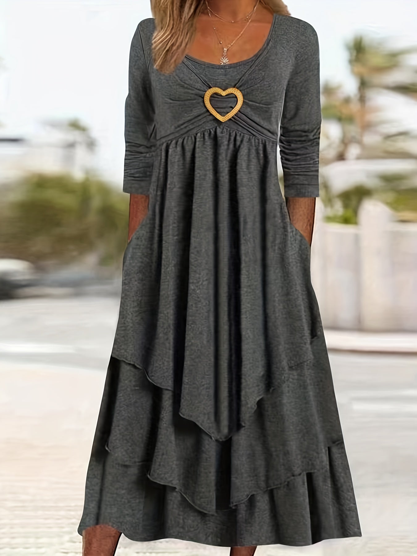 Women's Plain Long Sleeve Layered Heart Ring Decor Round Neck Maxi Dress