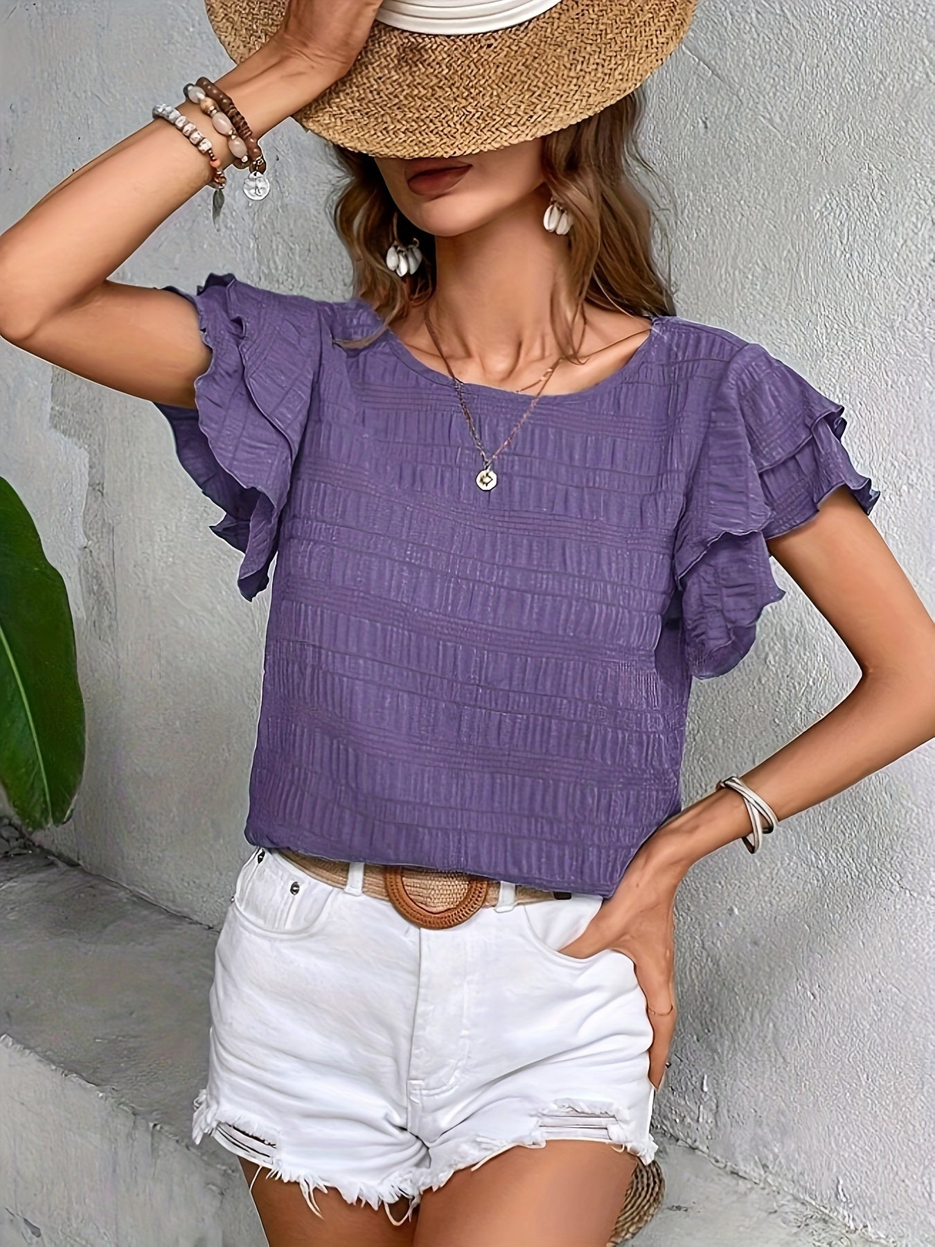 Textured Butterfly Sleeve Blouse, Elegant Solid Color Crew Neck Top