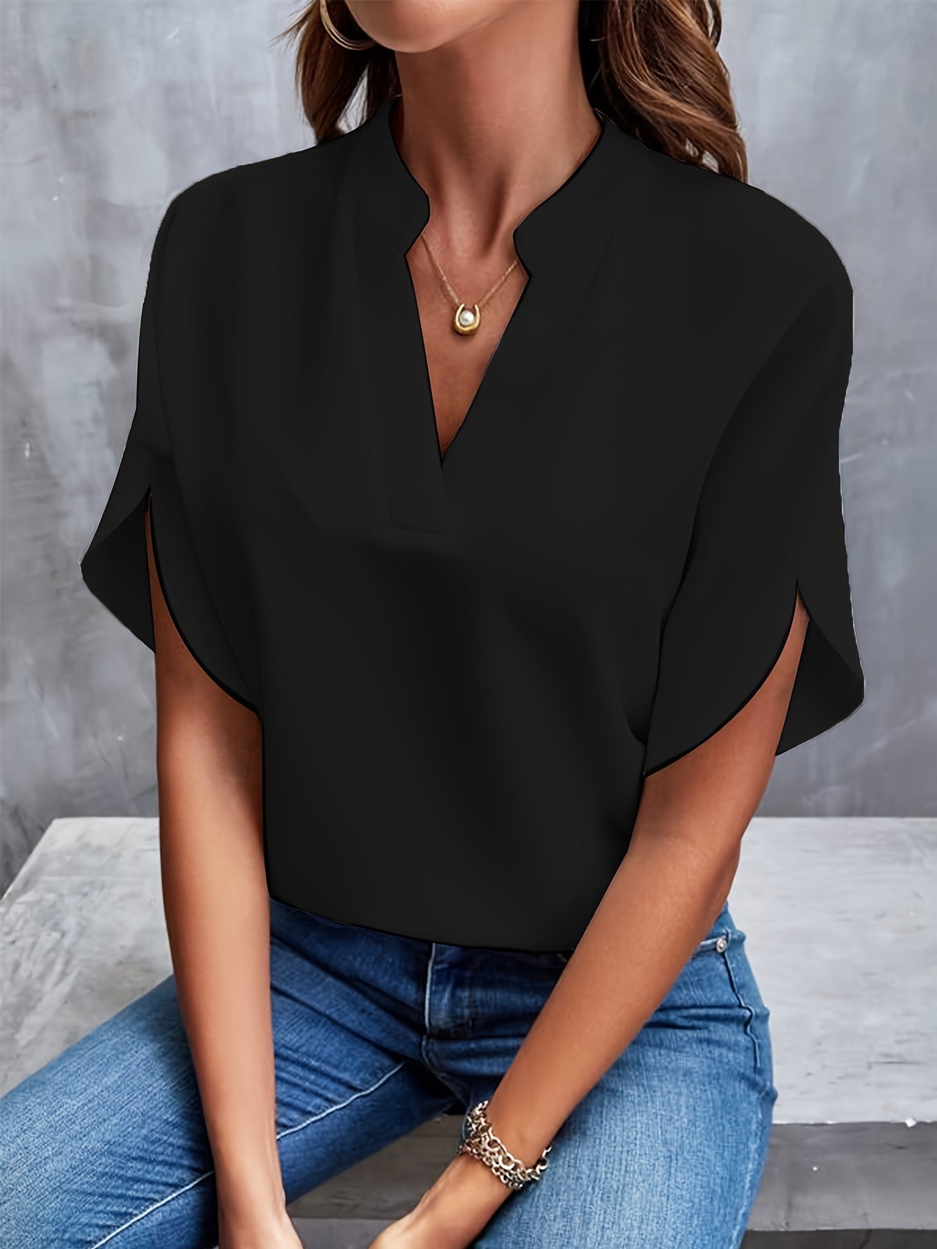 Women's Casual Notch Neck Blouse with Split Sleeves