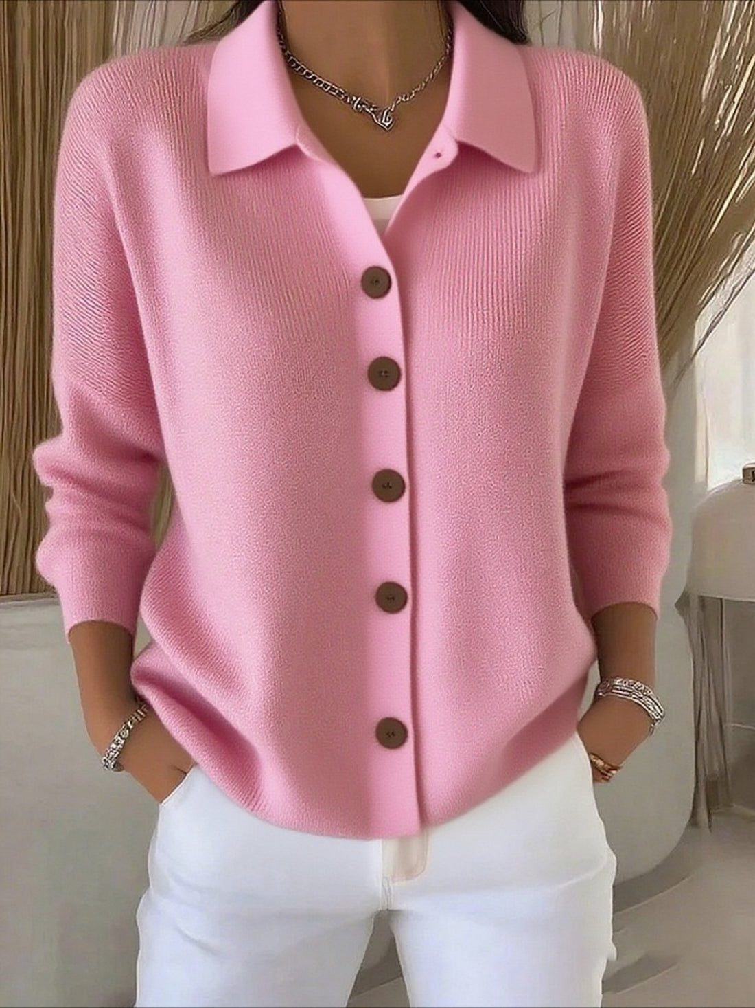 Button Plain Long Sleeve Comfy Casual Cardigan
